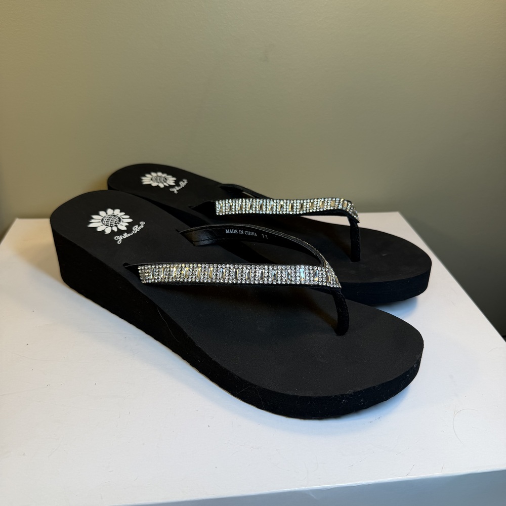 Yellow Box Women's Black Flip Flop Sandals Size 11 Rhinestone Wedge Platform